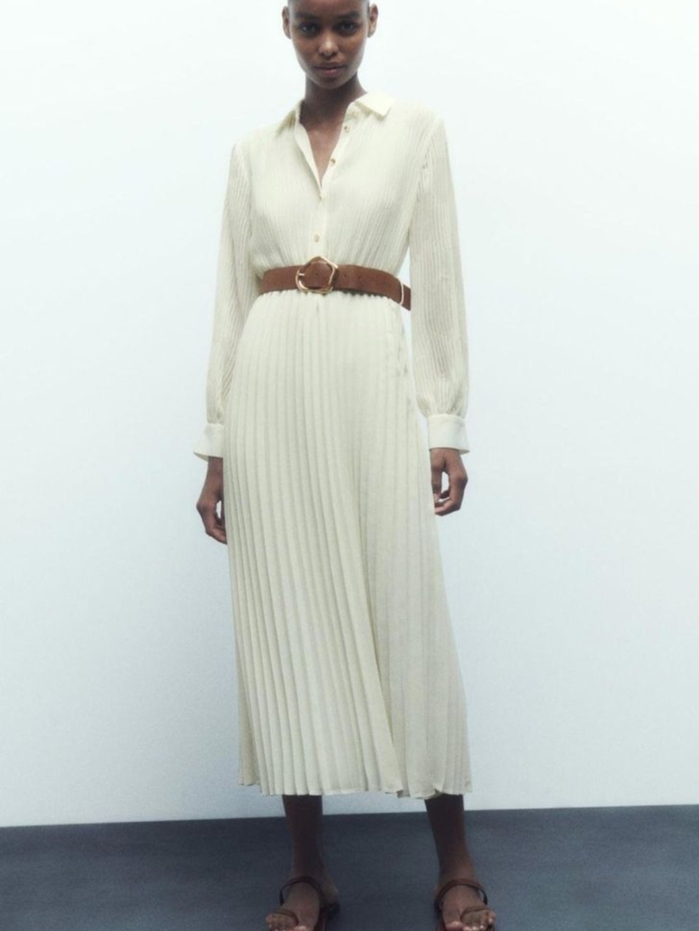 Zara Cream Pleated Midi Shirt Dress with Brown Belt